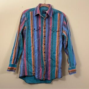 VTG 90s Men’s Wrangler Brushpopper Striped Button Up X-long Tail 15.5 x 33 cl
